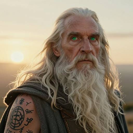 Photograph of an elderly man with long, wavy white hair, green eyes, and a full beard, wearing a gray cloak with occult tattoos,