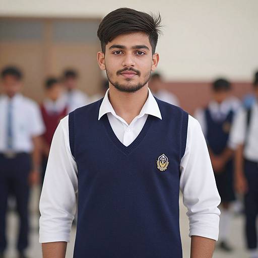 Photograph of a young man with short black hair and beard, wearing a white shirt and black school sweater, standing in a blurred school hallway with other