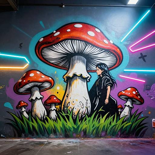 Vibrant mural of a girl with black hair and dress standing among giant red and white spotted mushrooms, illuminated by neon lights, in a graffiti-covered