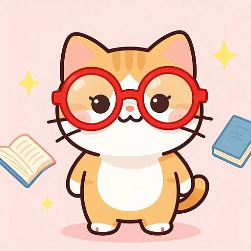 Cute, chibi-style, orange-and-white cat with large red glasses, standing, blushing, with two floating books and sparkles on a