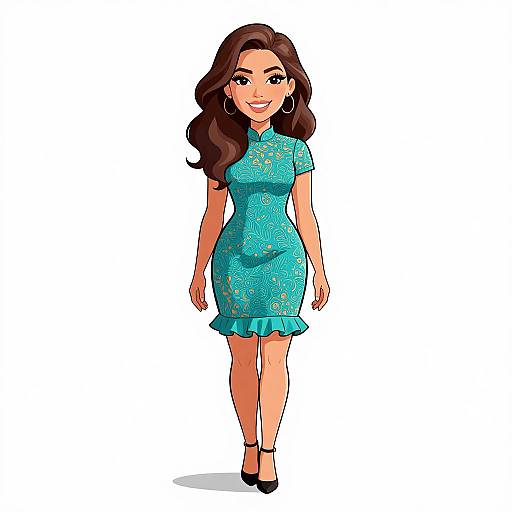 Digital illustration of a smiling woman with long brown hair, wearing a teal lace dress and black heels, standing against a white background.