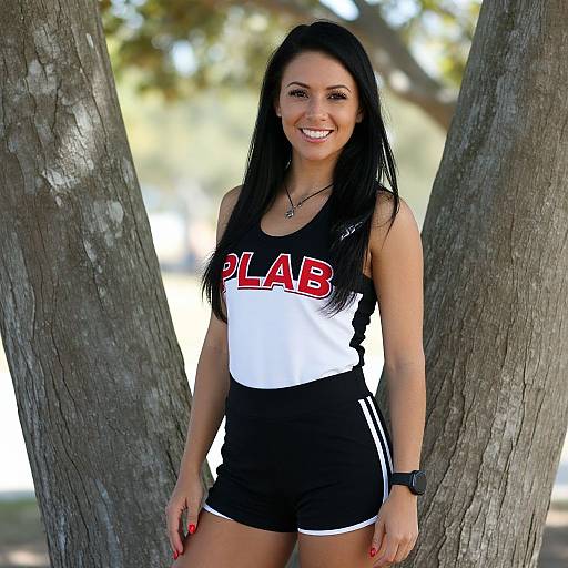 Smiling Woman Between Tree Trunks