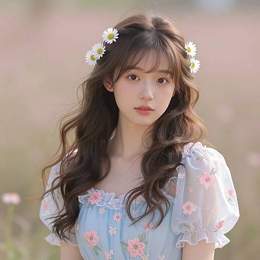 Photograph of an Asian woman with long, wavy black hair, wearing a light blue floral dress and a daisy headband, standing in a
