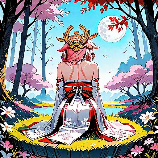 Yae Miko in a Moonlit Forest