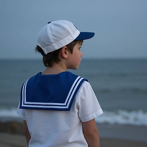 Photograph of a young boy with short dark hair, wearing a white cap and navy-blue sailor shirt, standing by the ocean, facing away, with