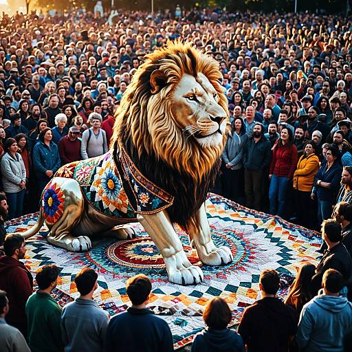 Giant Pearlescent Lion Statue Surrounded by Crowd