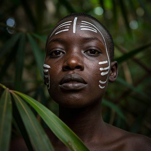 Photograph of a young, dark-skinned African boy with white face paint in tribal patterns, standing amidst lush, green foliage.