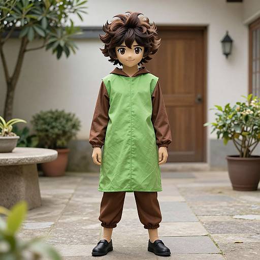 Digital anime-style drawing of a young boy with curly brown hair, wearing a green and brown long-sleeve tunic, brown pants, and black
