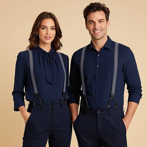 Photograph of a smiling Caucasian couple with dark brown hair, wearing matching navy blue outfits with suspenders, against a plain beige background.