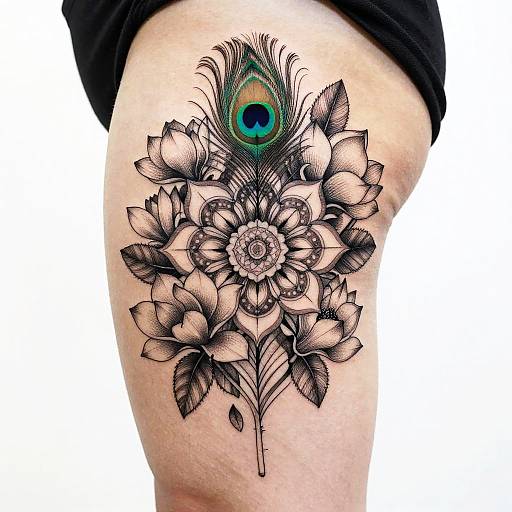 Symmetrical Peacock Feather Thigh Tattoo