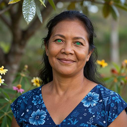 Photograph of a smiling middle-aged woman with green eyes, wearing a blue floral dress, standing in a sunny garden with colorful flowers and blurred foliage in