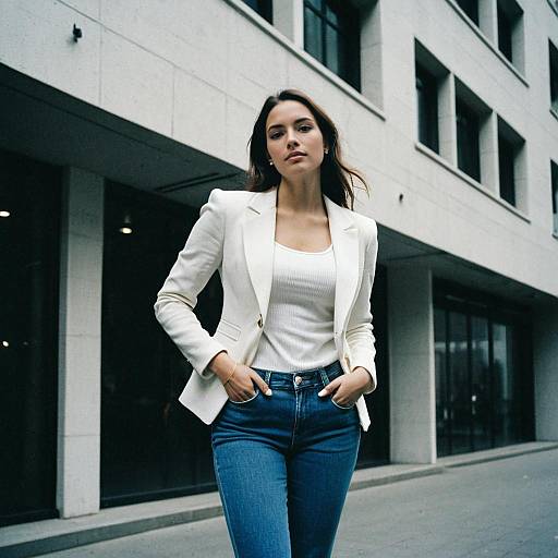 Photograph of a confident woman with long brown hair, wearing a white blazer and ribbed white top, blue jeans, and hands in pockets,