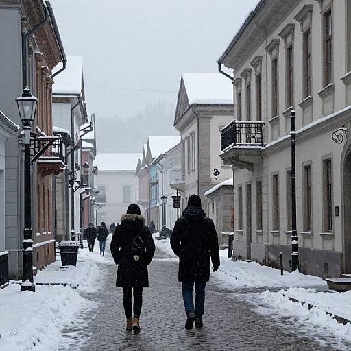 Solitary Figures in Snowy Old Town