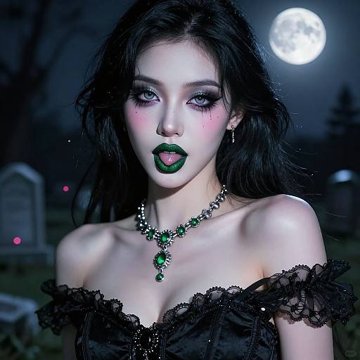 Gothic-style photograph of a pale, dark-haired woman with green lipstick, black lace dress, green necklace, and moonlit cemetery background.