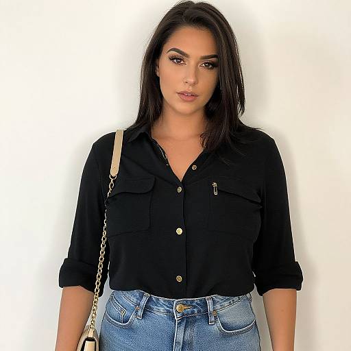 Photograph of a young woman with dark hair, wearing a black button-up shirt and high-waisted blue jeans, with a beige shoulder bag strap
