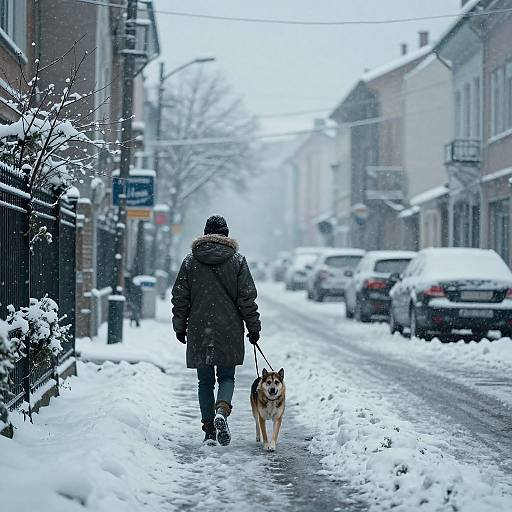 Photograph of a person in a black winter coat and hat, walking a small dog on a snowy, snow-covered street.