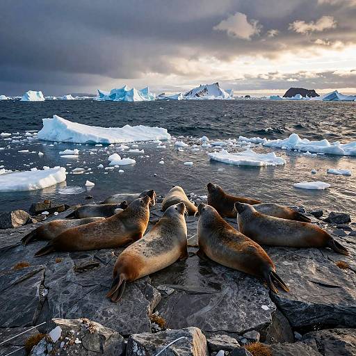 Photograph of a group of brown seals on rocky ice, with floating icebergs and a cloudy, sunlit sky in the background.