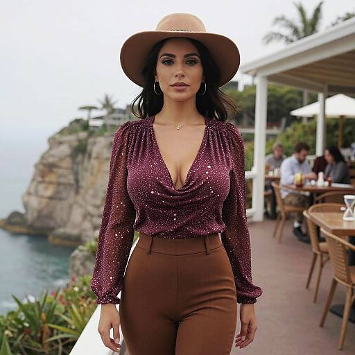 Photograph of a confident woman with olive skin, wearing a sparkly maroon blouse, deep V-neck, brown high-waisted pants, and