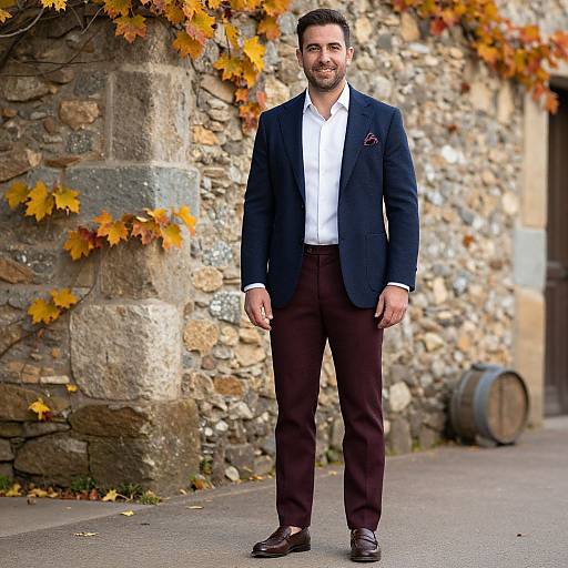 Photograph of a smiling, bearded man in a navy blazer, white shirt, brown pants, and brown shoes, standing in front of a