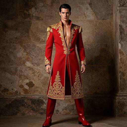 Photograph of a muscular man with short dark hair, wearing an ornate red military-style coat with gold embroidery, open to the chest, and matching