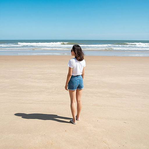 Photograph of a woman with curly dark hair, white t-shirt, and blue denim shorts standing on a sunny, empty beach, facing the ocean and