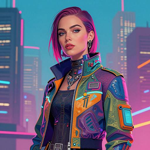 Digital art of a confident woman with pink hair, cyberpunk cityscape background, wearing a vibrant, detailed, futuristic jacket with neon accents.
