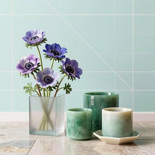 Anemones in Vase with Jade Green Pots