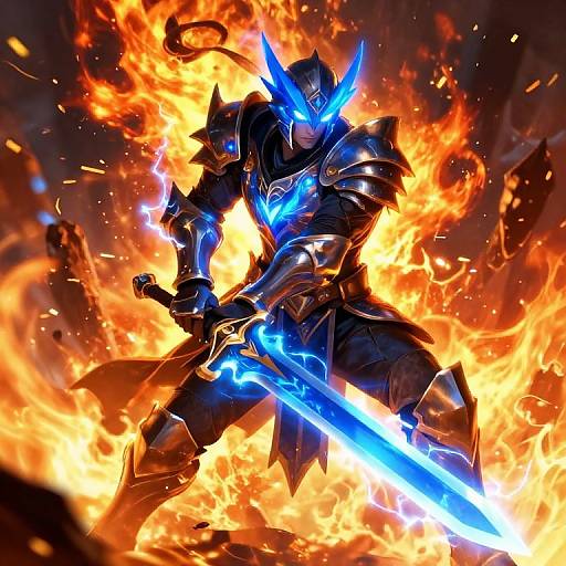 Digital artwork of a blue-eyed, armored warrior with glowing blue sword, surrounded by intense orange flames, striking a powerful stance.