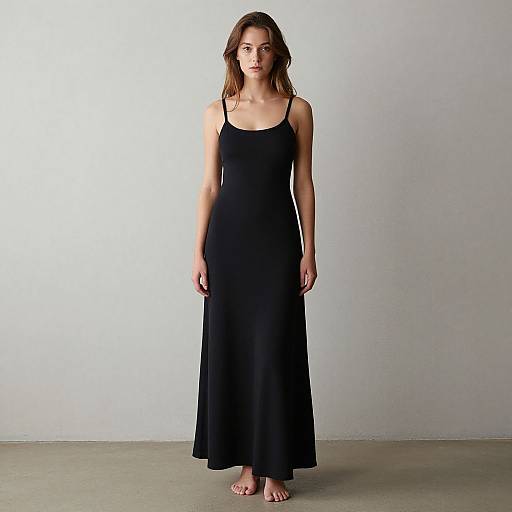 Photograph of a young woman with light brown hair, wearing a sleeveless, black, floor-length dress, standing barefoot against a plain white background