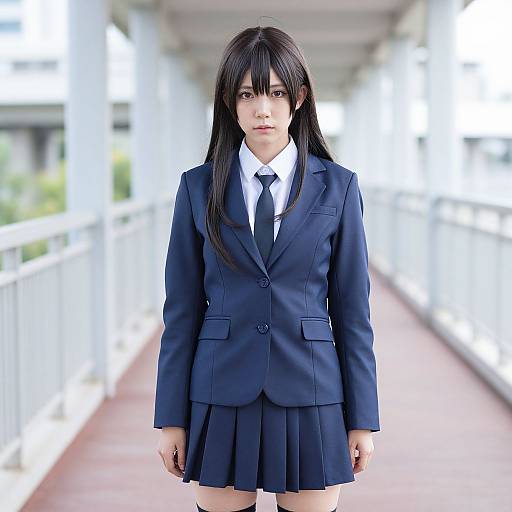 Photograph of an Asian woman with long black hair, wearing a navy blue school uniform with a tie, standing on a bright, blurred outdoor walkway