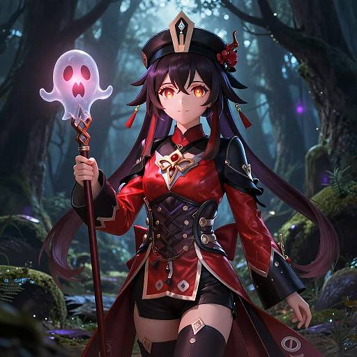 Digital anime artwork of a dark-haired, red-eyed, female character with horns, holding a glowing skull staff in a mystical forest.
