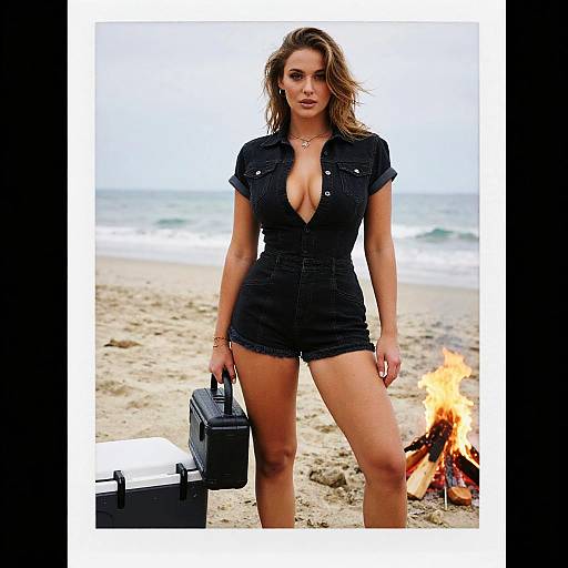 Photograph of a confident woman with wavy brown hair, wearing a black, deep V-neck, short-sleeved, button-up romper and