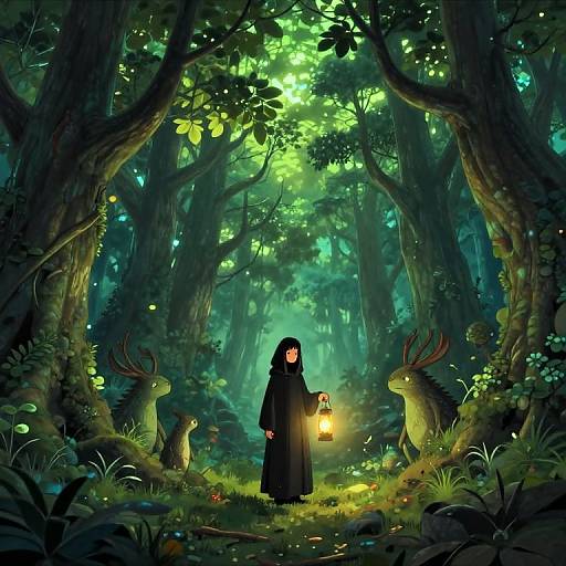 Digital fantasy art: A hooded figure holding a lantern stands in a lush, green forest, surrounded by glowing fireflies and mythical deer-like creatures.