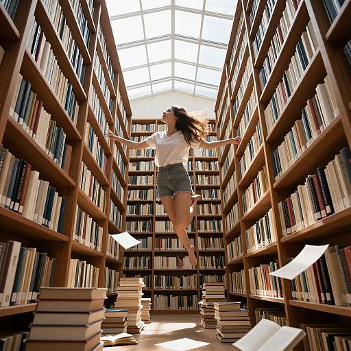 Photograph of a woman with curly hair, white blouse, and denim shorts, jumping between tall bookshelves in a sunlit library. Books and