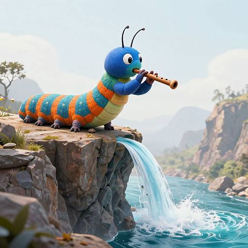 Colorful, cartoon caterpillar with blue head, orange and blue stripes, playing a flute on a rocky cliff above a cascading waterfall. Bright,