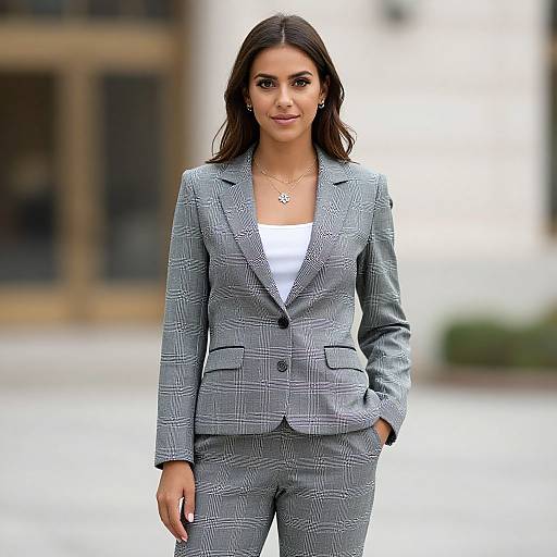 Photograph of a confident, dark-haired woman in a gray plaid suit with white top, hands in pockets, standing outdoors.