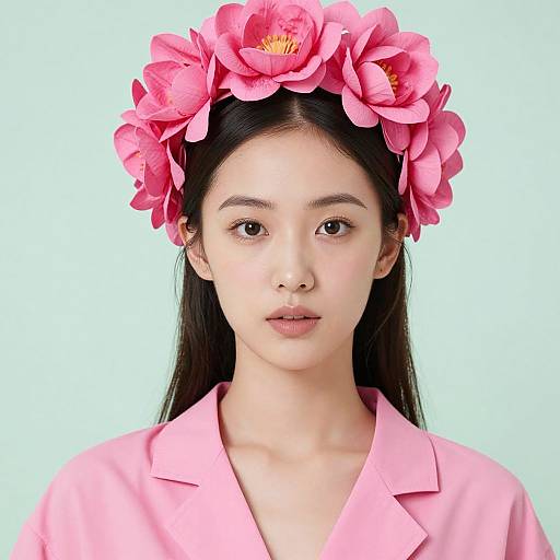 Photograph of an East Asian woman with long black hair, wearing a pink floral crown and matching pink blazer, against a light blue background.