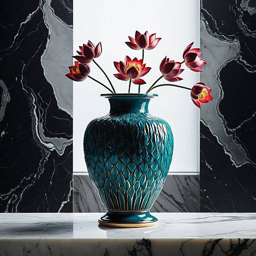 Intricate Ceramic Lotus Vase on Marble Pedestal