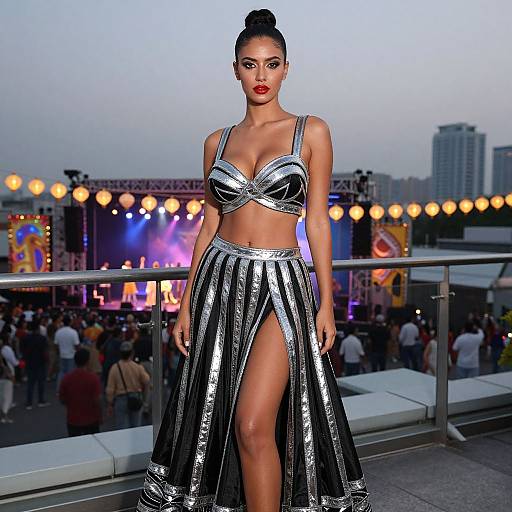 Photograph of a confident woman with dark hair in a bun, wearing a silver, shiny, bralette and high-waisted skirt with a thigh