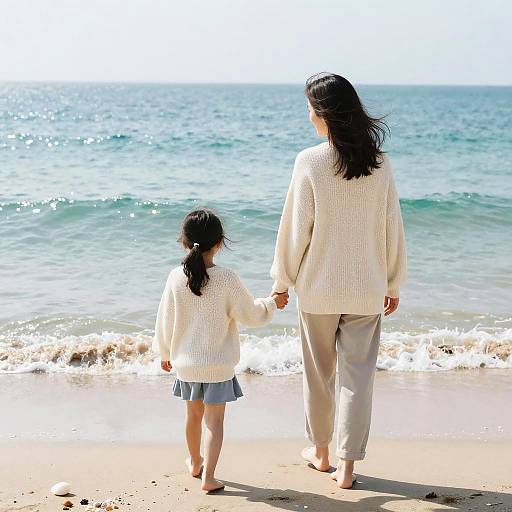 Photograph of an Asian woman and young girl holding hands, walking barefoot on a sunny beach, wearing white sweaters and blue skirt, facing the