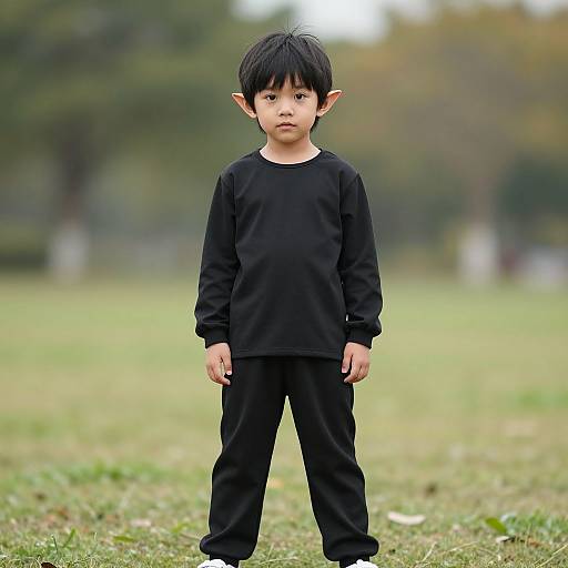Photograph of an Asian boy with pointed ears, black hair, wearing a black long-sleeve shirt and pants, standing in a grassy park