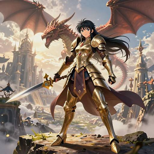 Epic fantasy artwork: armored blue-haired woman with sword stands defiantly against a red dragon, grand castle in the misty background.