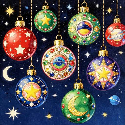 Colorful Christmas ornaments with stars, planets, and crescent moons hanging against a dark, starry night sky in a digital illustration.