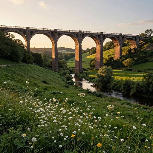 Photograph of a sunlit, stone viaduct with five arches spanning a river, surrounded by lush green hills and wildflowers in the foreground