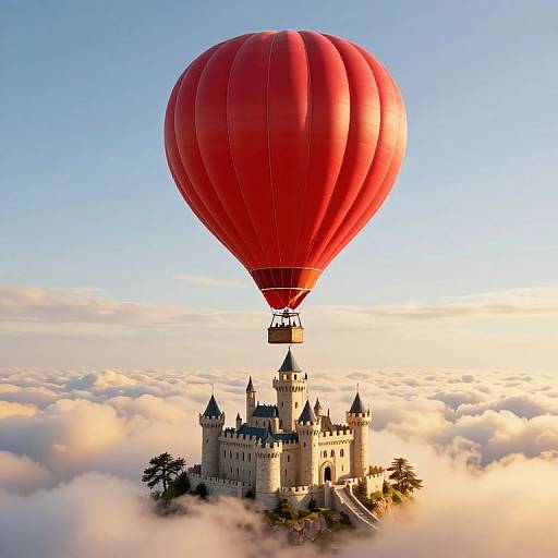 Digital artwork: Red hot air balloon carrying a medieval castle floats above a sea of fluffy clouds at sunrise.