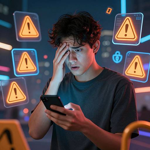 Neon-lit photograph of a distressed young man with messy dark hair, wearing a gray t-shirt, touching his forehead while looking at a smartphone,