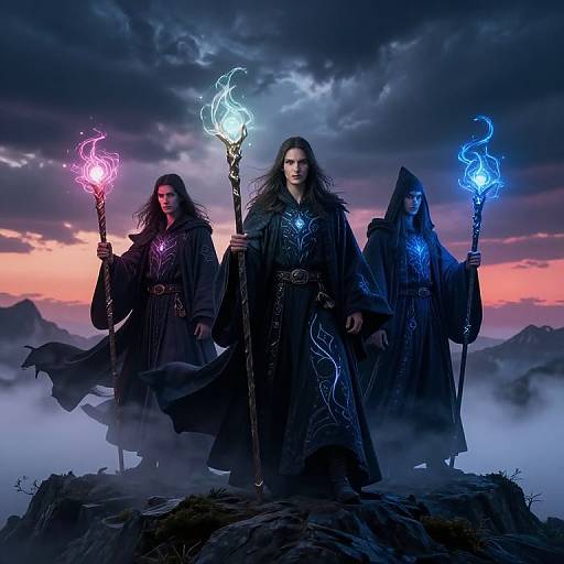 Three mystical, dark-robed sorcerers with glowing blue and pink staffs stand on a rocky mountain at sunset, surrounded by mist. Digital artwork