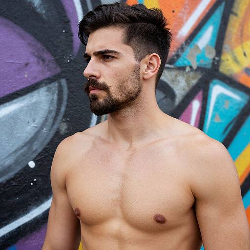 Photograph of a muscular, shirtless man with dark hair, beard, and medium skin tone, standing against a colorful graffiti wall.
