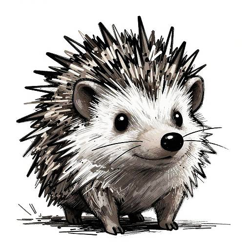 Cute, black-and-white digital drawing of an adorable hedgehog with spiky quills, large shiny eyes, and a small black nose, standing