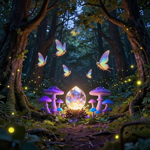 Enchanted forest scene with glowing purple mushrooms, luminescent butterflies, fireflies, and a radiant crystal orb under twilight trees. Digital fantasy artwork